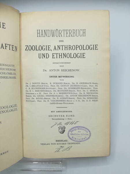 Matschie, P., A. Reichenow, G. Jäger (Hrsg.): Handwörterbuch der Zoologie, Anthropologie und Ethnologie A - Z