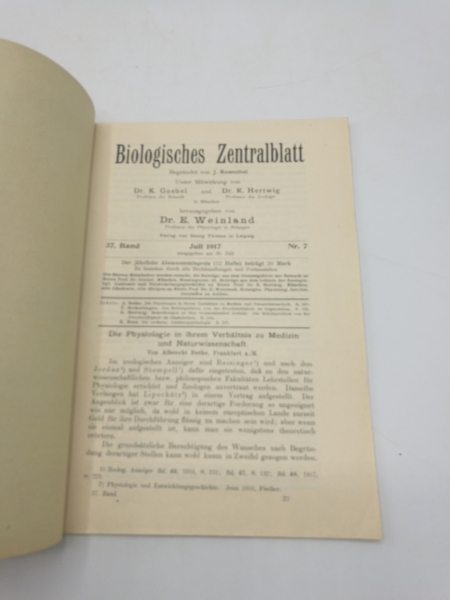Weinland (Hrsg.), E.: Biologisches Zentralblatt.  37. Band, Heft Nr. 7, Juli 1917 Begründet von J. Rosenthal