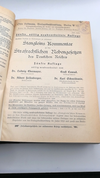 Ebermayer, Dr. Dr. Ludwig: M. Stengleins Kommentar zu den Strafrechtlichen Nebengesetzen des Deutschen Reiches. 2 Bände + Ergänzungsband (=vollst.)