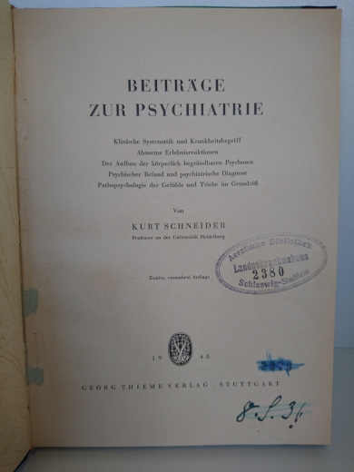 Schneider, Kurt: Beiträge zur Psychiatrie